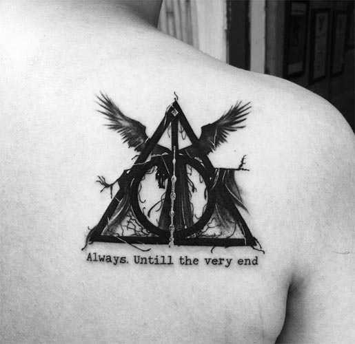 quote always until the very end harry potter male back shoulder tattoo